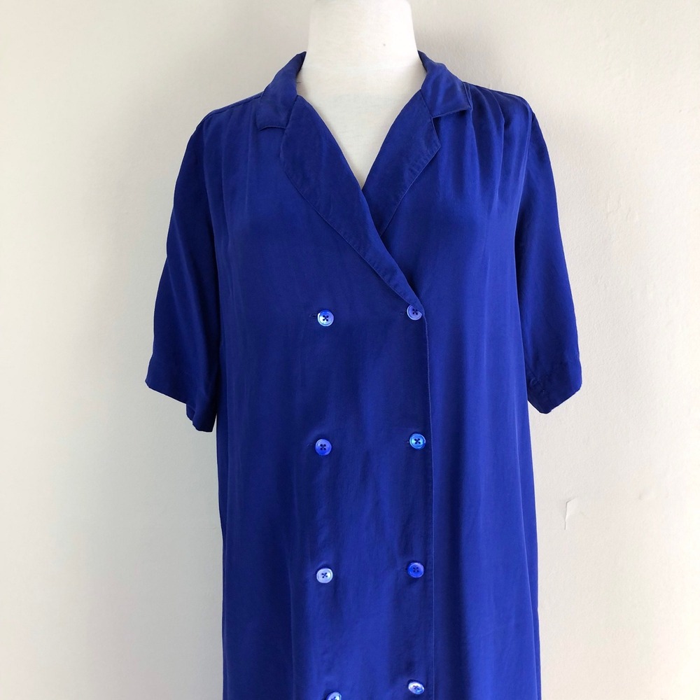 vintage 90s cobalt blue silk shirt dress midi double breasted minimalist - Picture 6 of 10